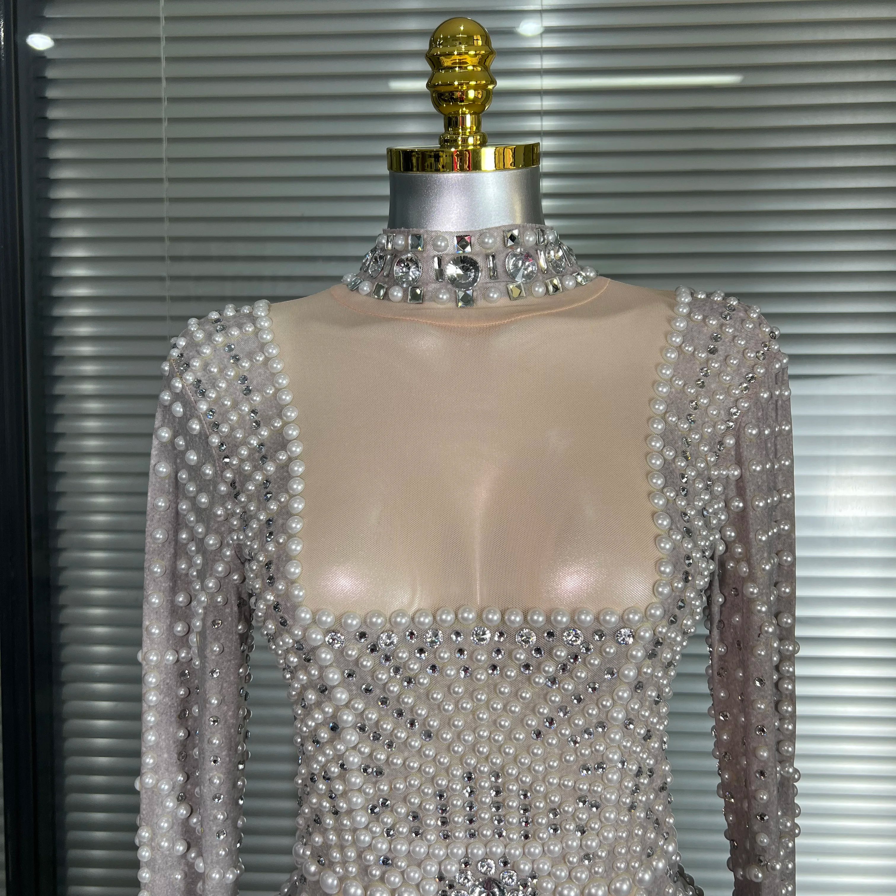 New Women Sexy Long Sleeve Stretched Mesh Sequins Party Dress See Through Party Singer Party Costume Stage Performance Dress