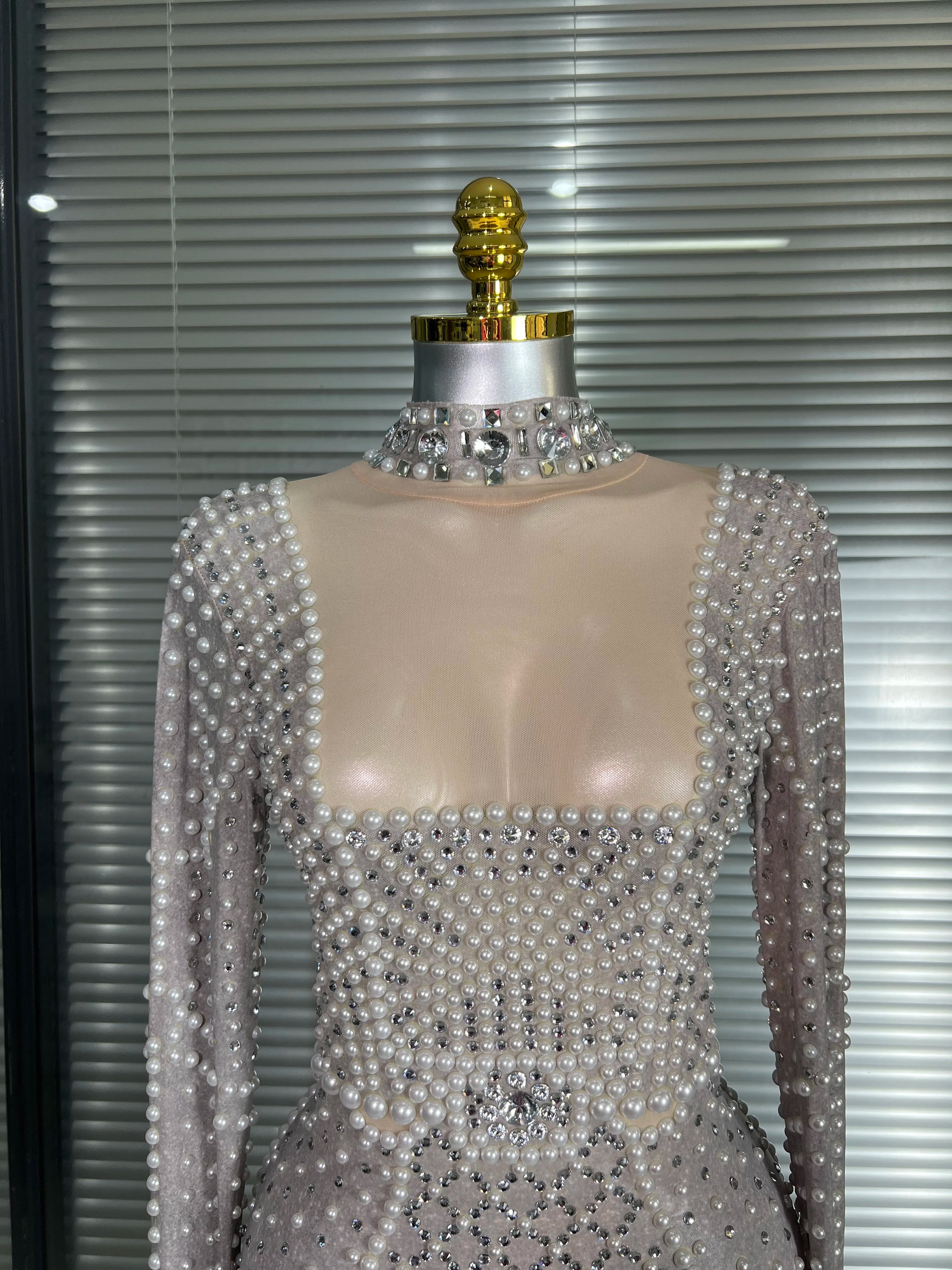 New Women Sexy Long Sleeve Stretched Mesh Sequins Party Dress See Through Party Singer Party Costume Stage Performance Dress