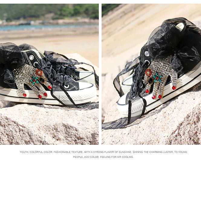 2022 new women single shoes wild cute ladys lace canvas shoes high top fashion sneaker ins rhinestone shoes