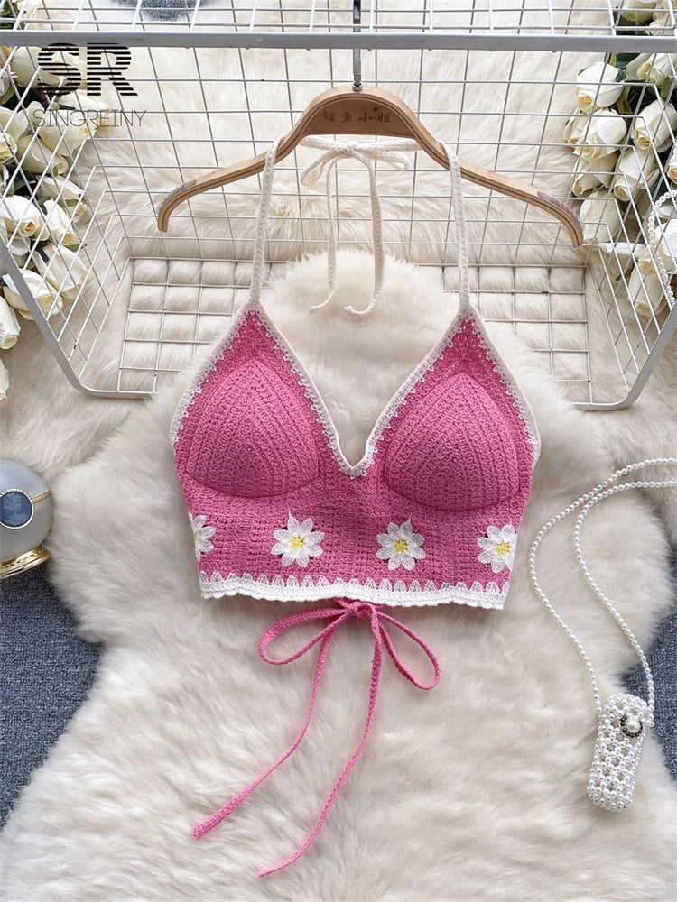 SINGREINY Floral Hook Knit Camisole Women Elegant Backless Fashion Vacation Ladies Backless Summer Bikini Sexy Beach Bra rose One Size