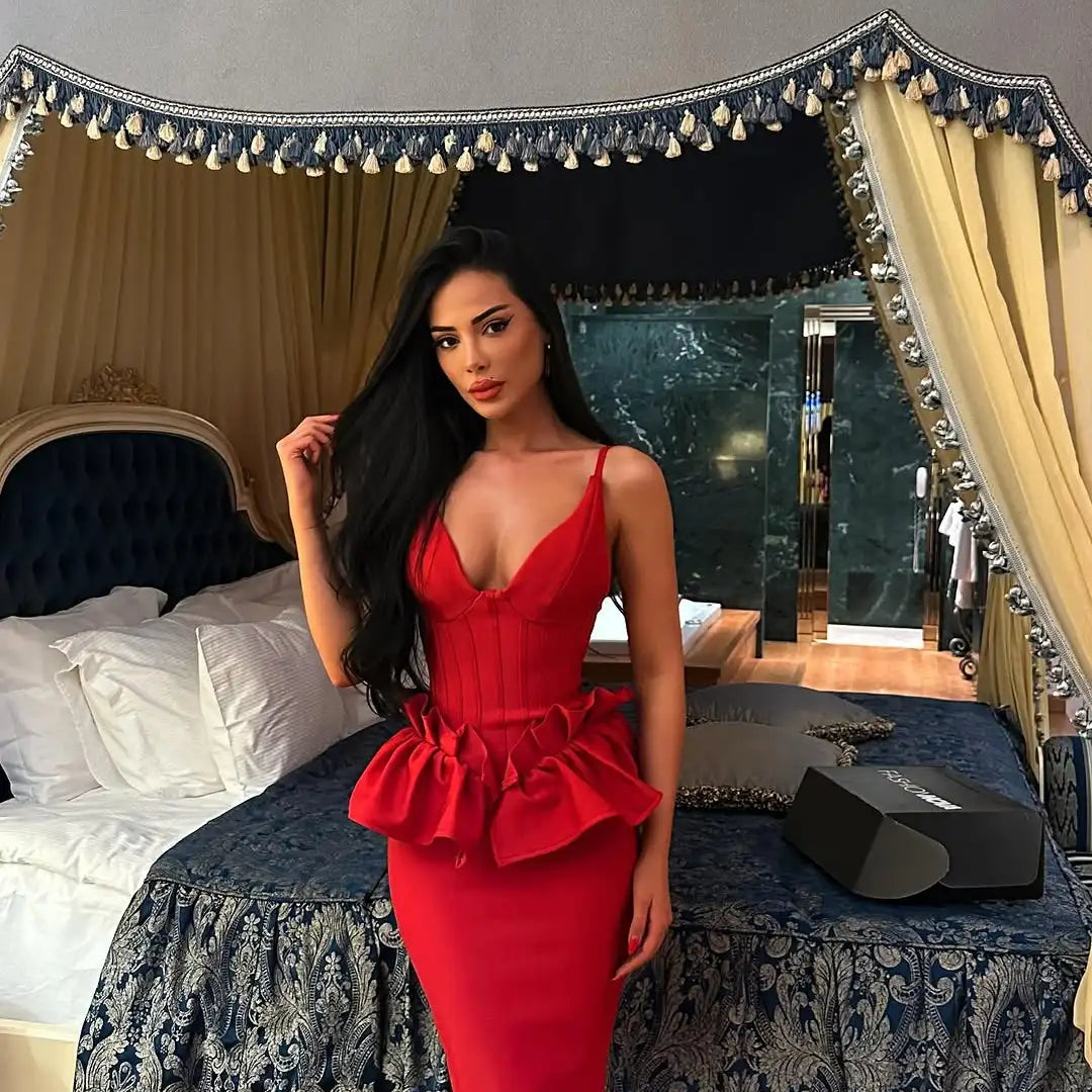 Valentine's Day Women Sleeveless V-Neck Ruffles Bodycon Long Bandage Dress Celebrate Evening Party Birthday Cocktail Dress