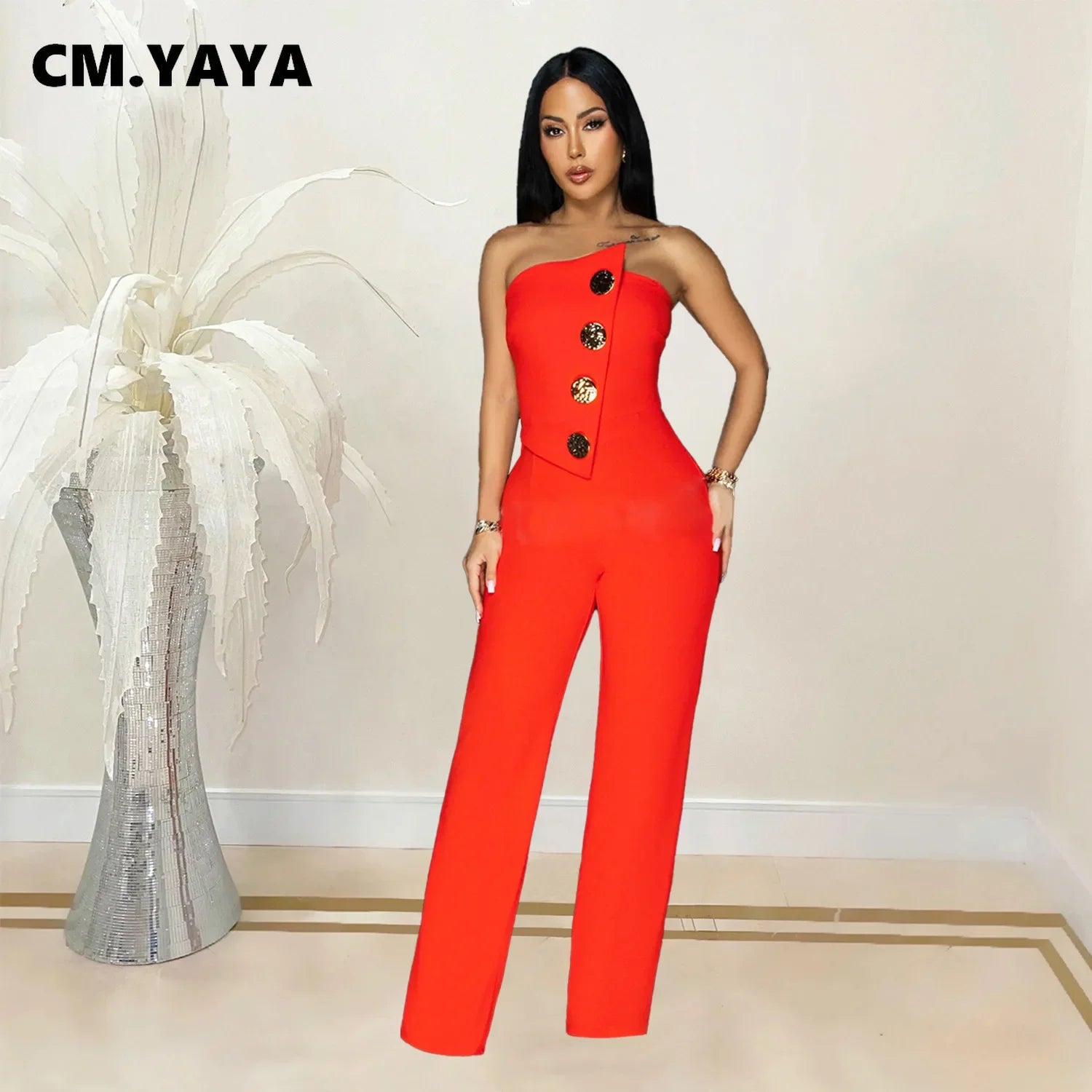 CM.YAYA Women's Elegant Button Strapless Sleeveless Irregular Girl Jumpsuits 2024 Fall Overalls Outfits Night Clubwear One Piece