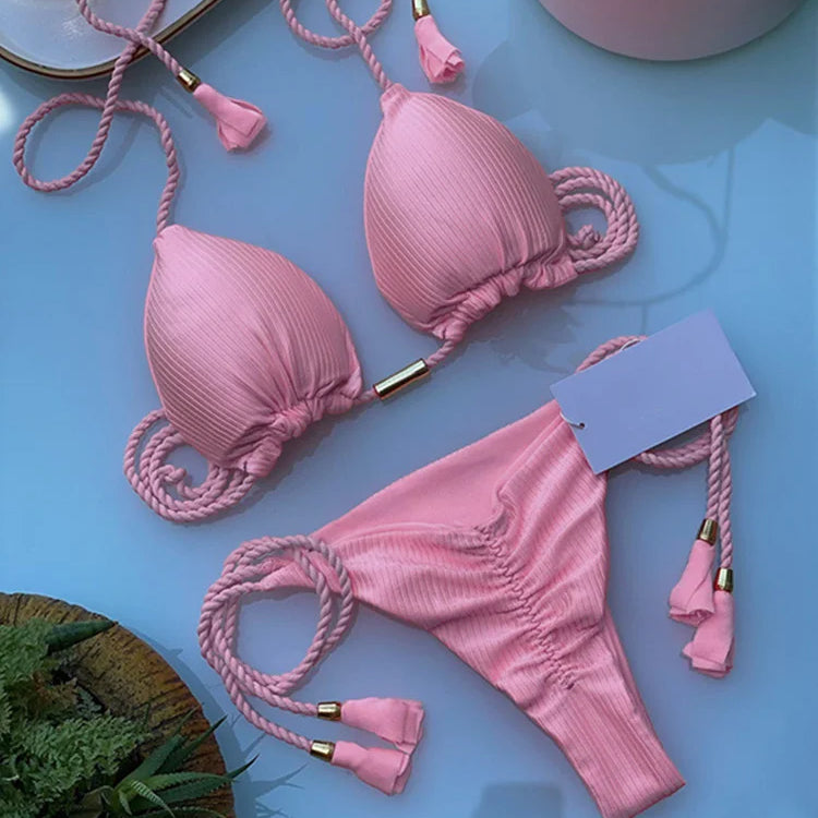 New Women Bikini Backless Rope Triangle Swimsuit Multicolor 8240