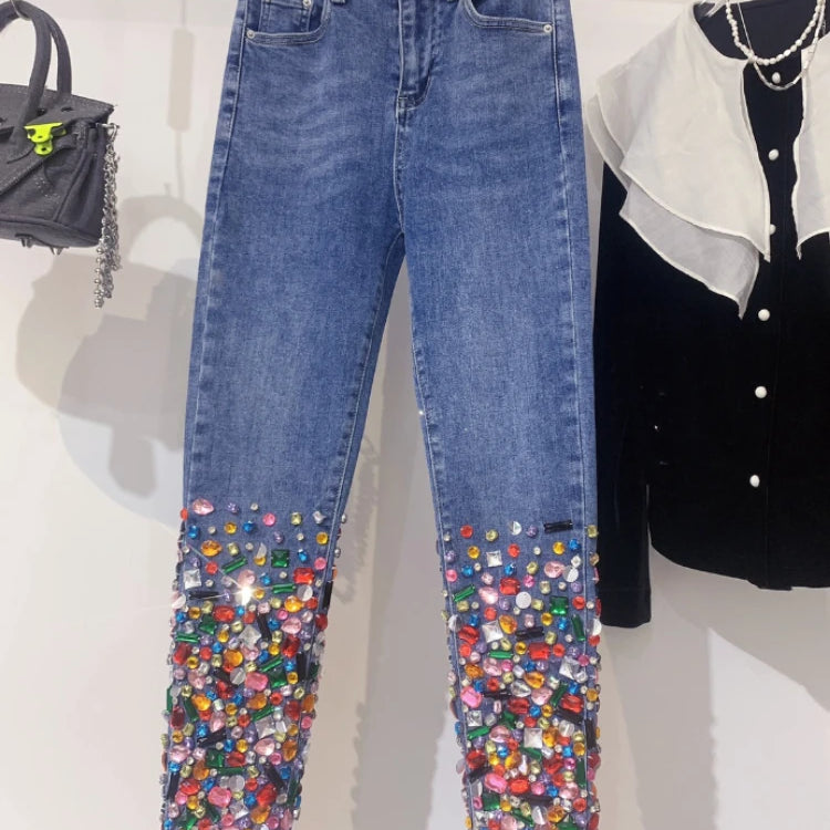 European Fashion Blue Jeans Women Heavy Industry Color Diamond Design Comfortable Soft Stretch Denim Skinny Jeans Denim Pants Blue