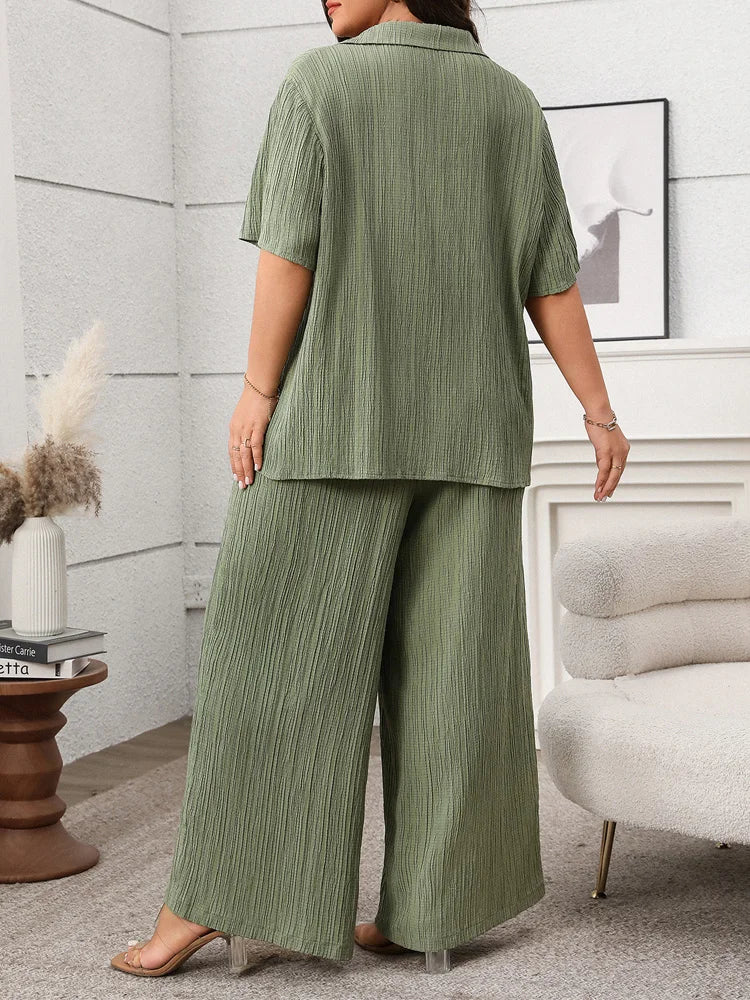 GIBSIE Plus Size Spring Summer Women Two Piece Set Loose Lace-up Shirt Top + Wide Leg Pants 2025 Female Casual 2 Piece Outfits