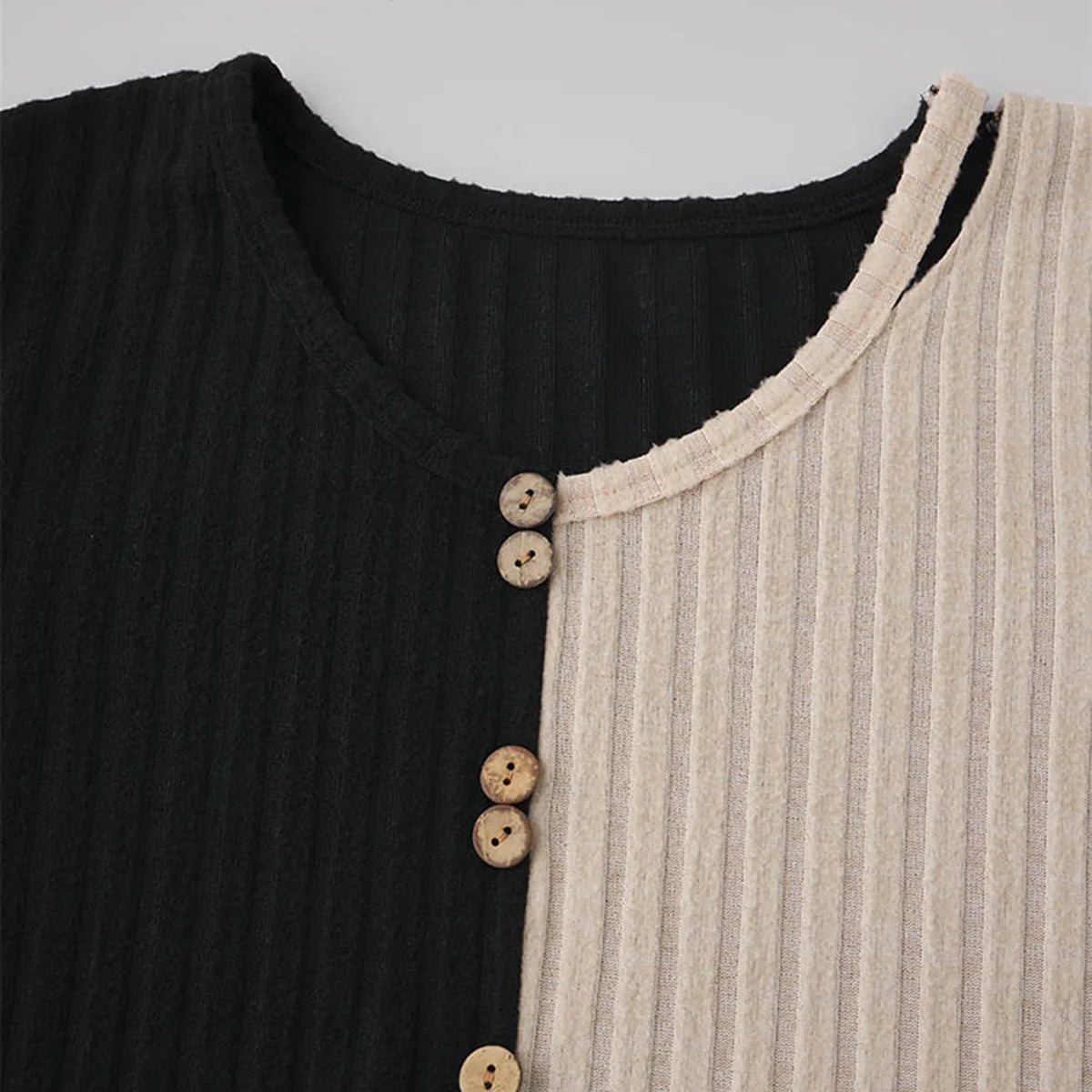 Color-Blocked Ribbed Button Hollow Out Blouse Elegant Women Casual Long Sleeve Loose Fashion Comfy Autumn Commuter Tops