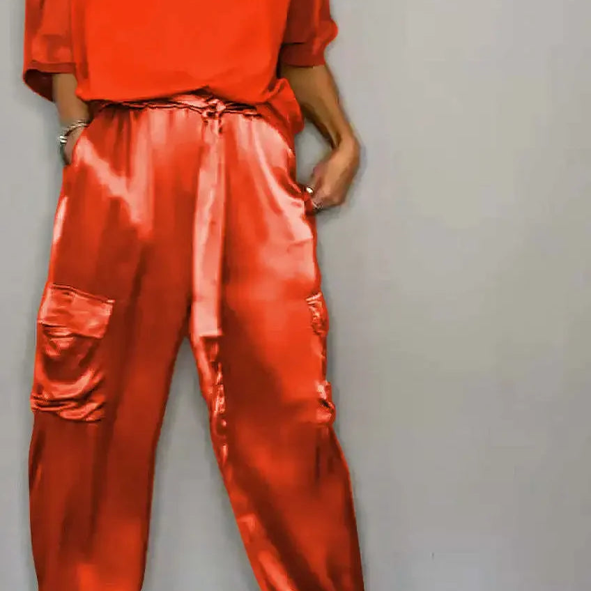 Summer Fashion New Elegant Women's Plus Size Set Street View Smooth Satin Half Sleeve Shirt Casual Pants Sports Two Piece Set