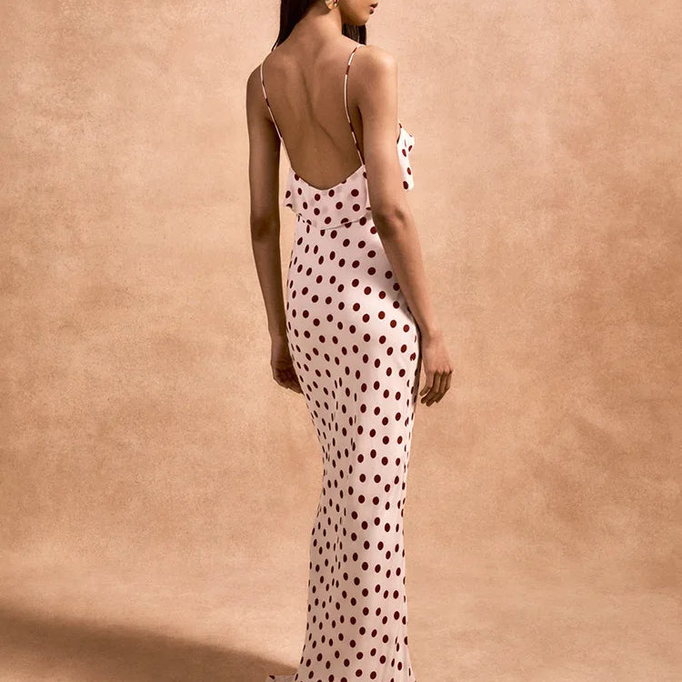 Rose Polka Dot Maxi Dress For Women Gown Spaghetti Strap Off-shoulder Sleeveless Backless Elegant Evening Club Dress