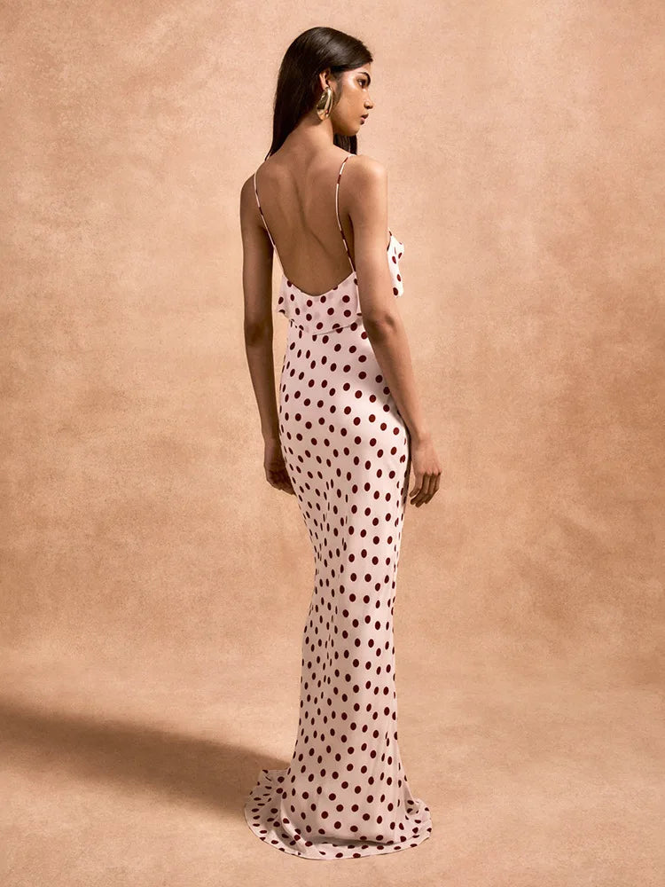Rose Polka Dot Maxi Dress For Women Gown Spaghetti Strap Off-shoulder Sleeveless Backless Elegant Evening Club Dress