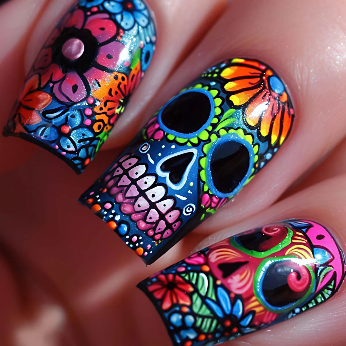 24pcs/set Short Medium fake nails for Halloween party Dead trees and crows bat Night sky Square almond tips press on false nail