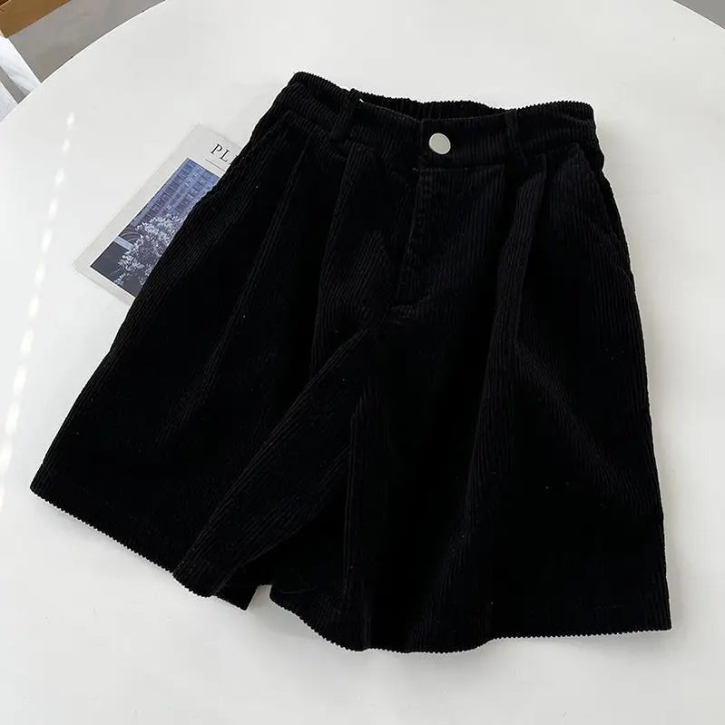 2023 Autumn/Winter Oversized Fat mm Corduroy Shorts Women's High Waist Outwear Slim A-line Casual Wide Leg Trousers black