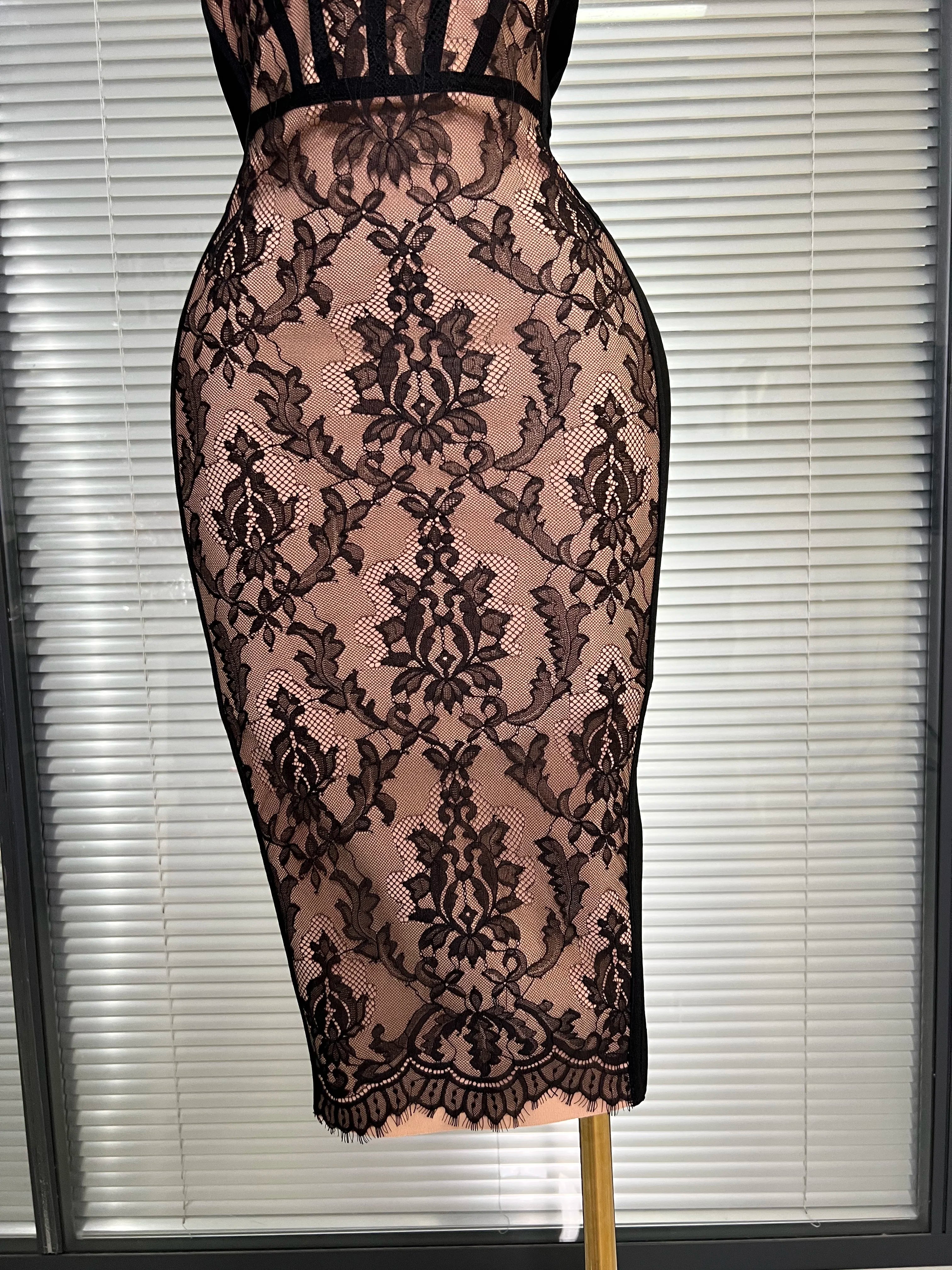 Vestido New INS Sexy Women Black Lace Midi Bandage Dress Celebrity Elegant High Street Knitted Bodycon Party Dress