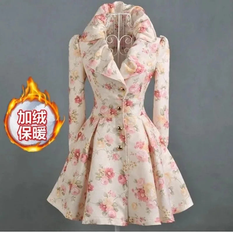 Women Windbreaker Mid Length Autumn New 2023 Trendy Westernized Large Lapel Print With Waistband Skirt Hem For Women's Outerwear