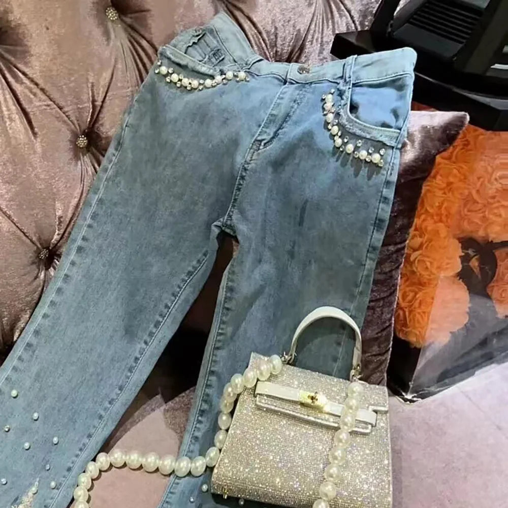 Pearl sequined jeans for women new high-waisted denim pants fashion