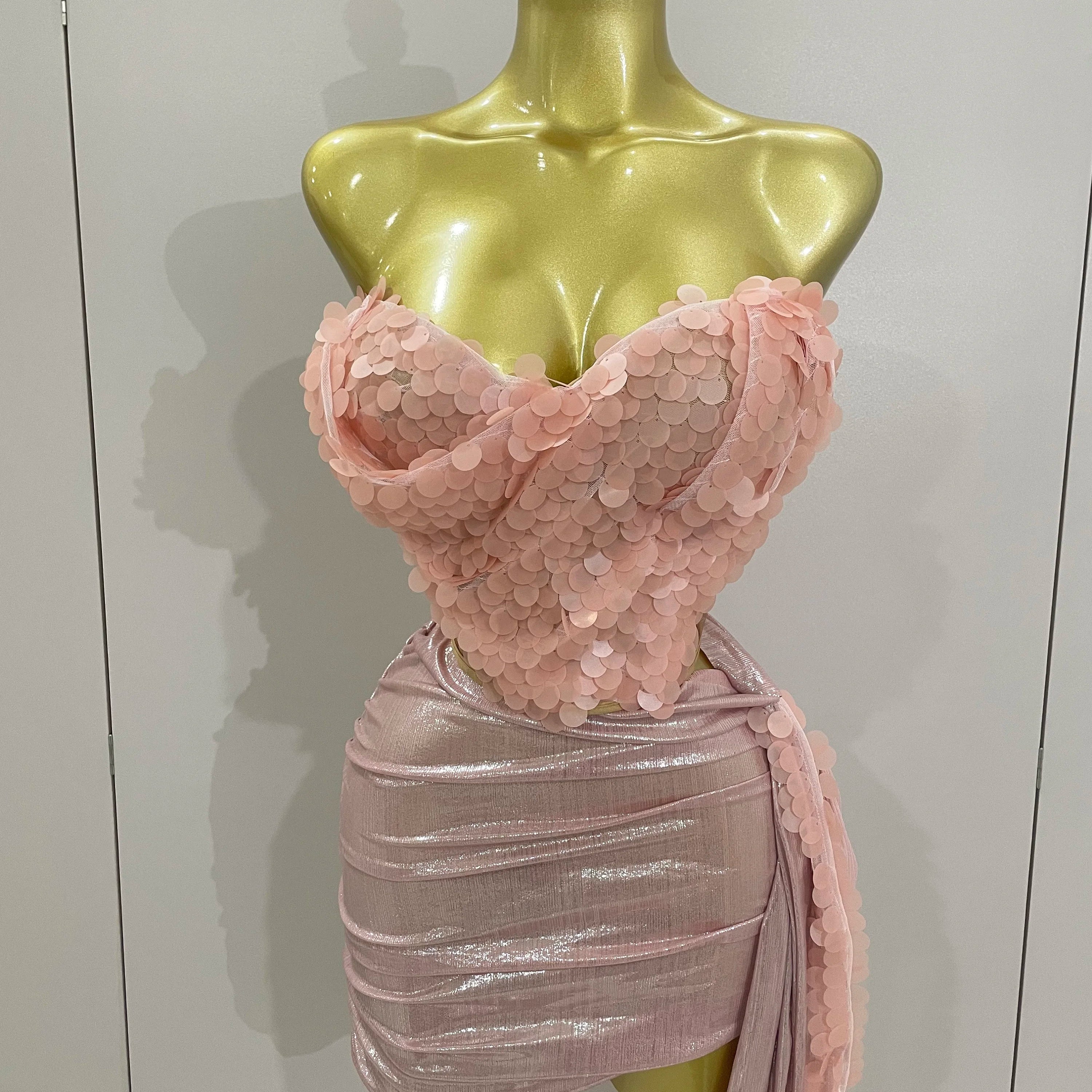 2025New Sexy Pink Sequin Strapless 2 Pieces Bodycon Mini Dress Women Celebrate Birthday Party Bar Singer Nightclub Stage Costume