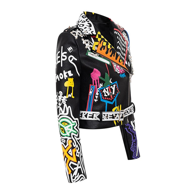 Fashion Brand Coat PU Leather Jacket Women Leopard Print Graffiti Rivets Punk Coats Slim Locomotive Cropped Jacket Leather Top MT-26980