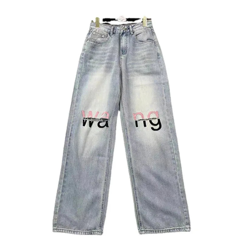 Y2K American Retro Gothic High Waist Perforated Women's Summer New High Street Loose Letter Embroidered Wide Legs Blue