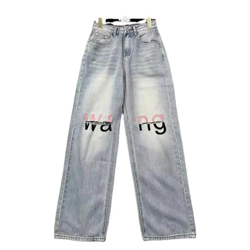 Y2K American Retro Gothic High Waist Perforated Women's Summer New High Street Loose Letter Embroidered Wide Legs Blue