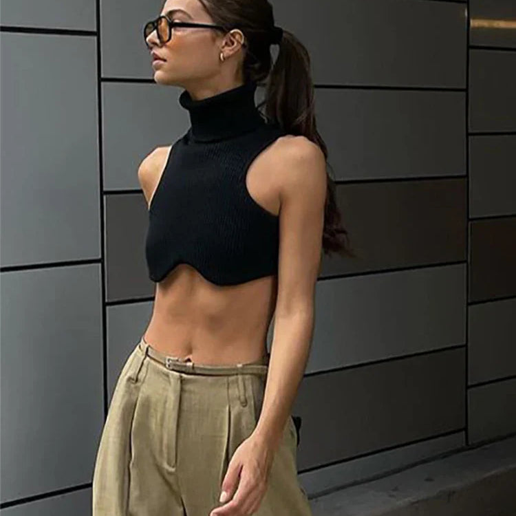 Y2k Black Knitting Turtleneck Crop Top Women Sexy Irregularity Skinny Elasticity Tank Top Fashion Club Top Streetwear