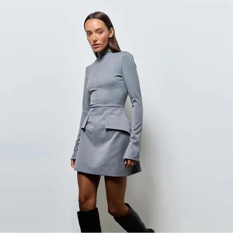Elegant Long Sleeve Half Turtleneck Dress Women Sexy Autumn Spring Hip Package Skirts for Female Newest Slim Party Dresses Grey