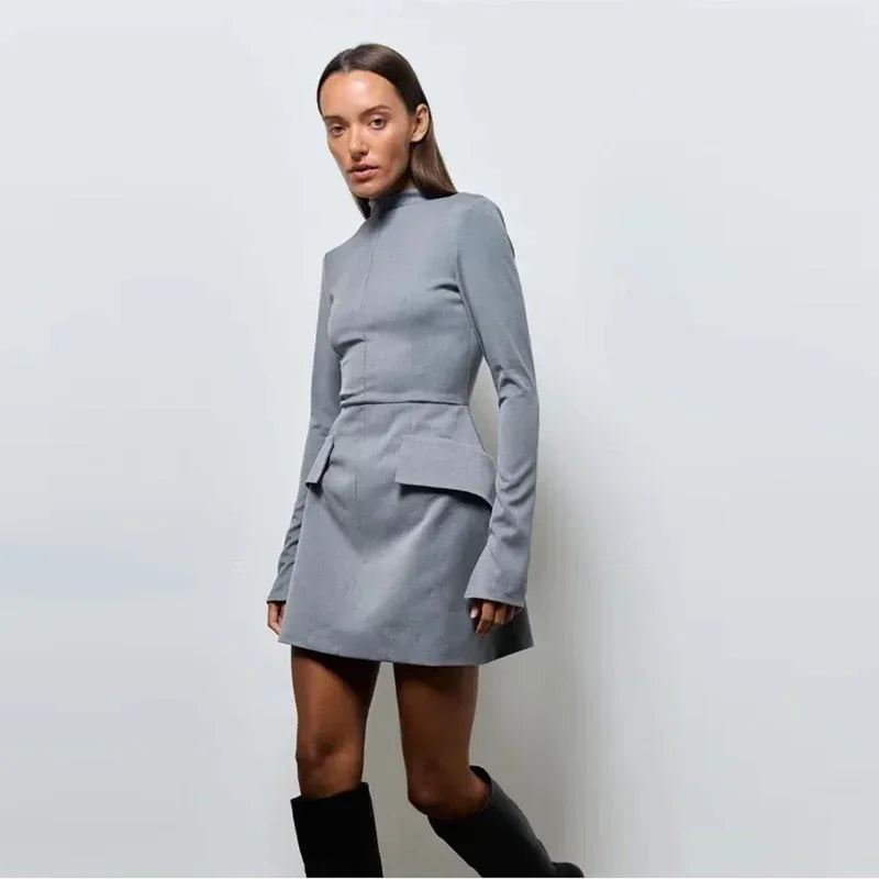Elegant Long Sleeve Half Turtleneck Dress Women Sexy Autumn Spring Hip Package Skirts for Female Newest Slim Party Dresses Grey