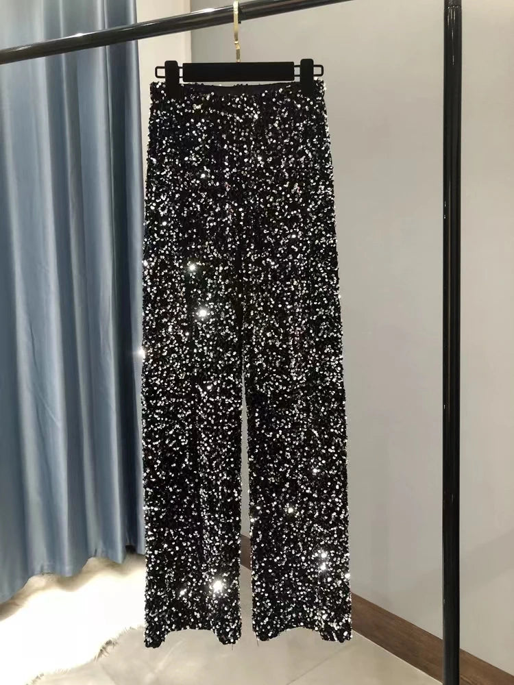Y2k Pants Woman Elastic Waist Sequins Wide Leg Trousers Shiny Full Length Straight Female High Street Silver