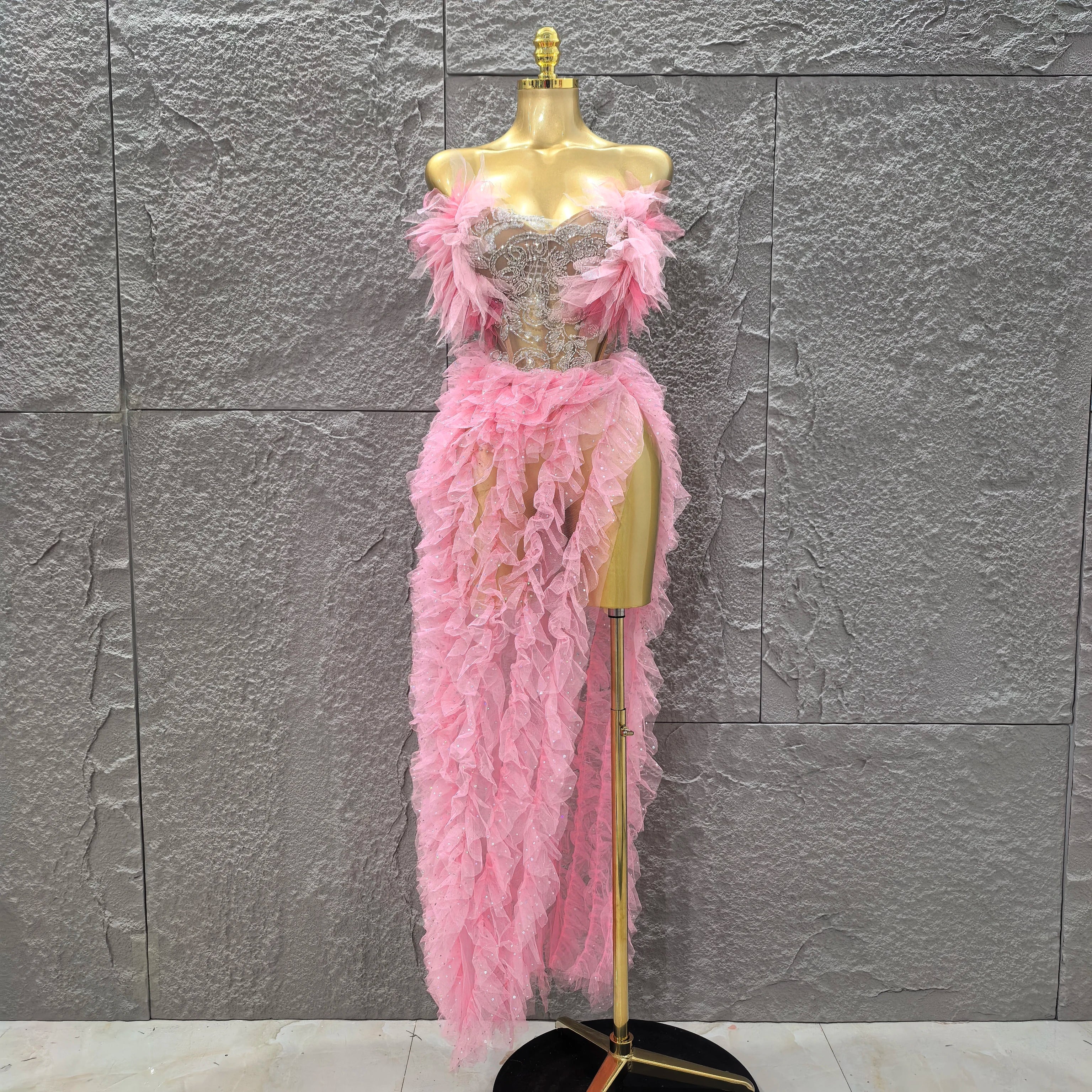 Pink Color Women Sexy Strapless Ruffles 2 Pieces Bodycon Long Dress High Split Fashion Nightclub Party Birthday Fashion Dress