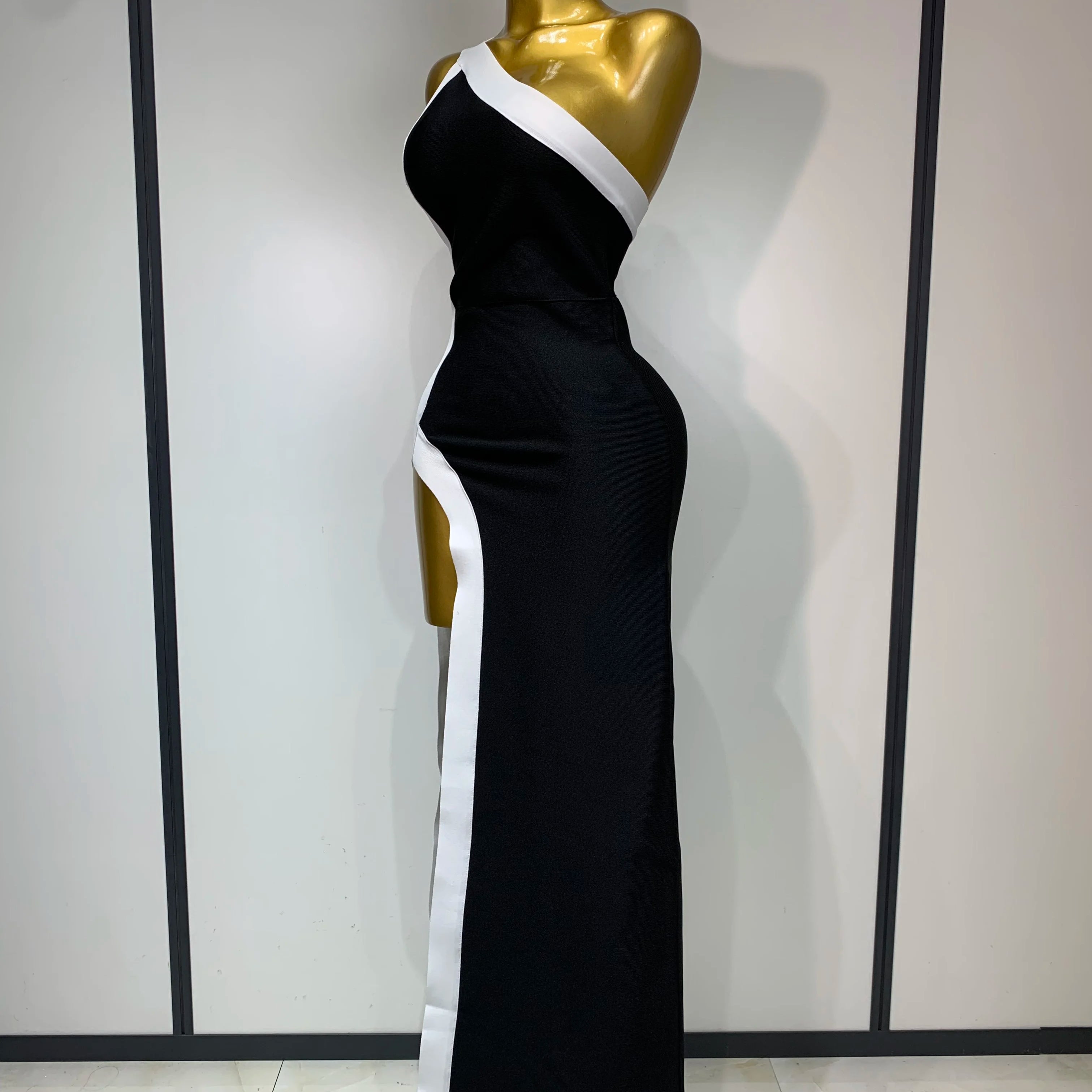 Women Sexy One Shoulder Split Black White Patchwork Bandage Bodycon Dress 2025 Celebrity Elegant Evening Party Birthday Outfit