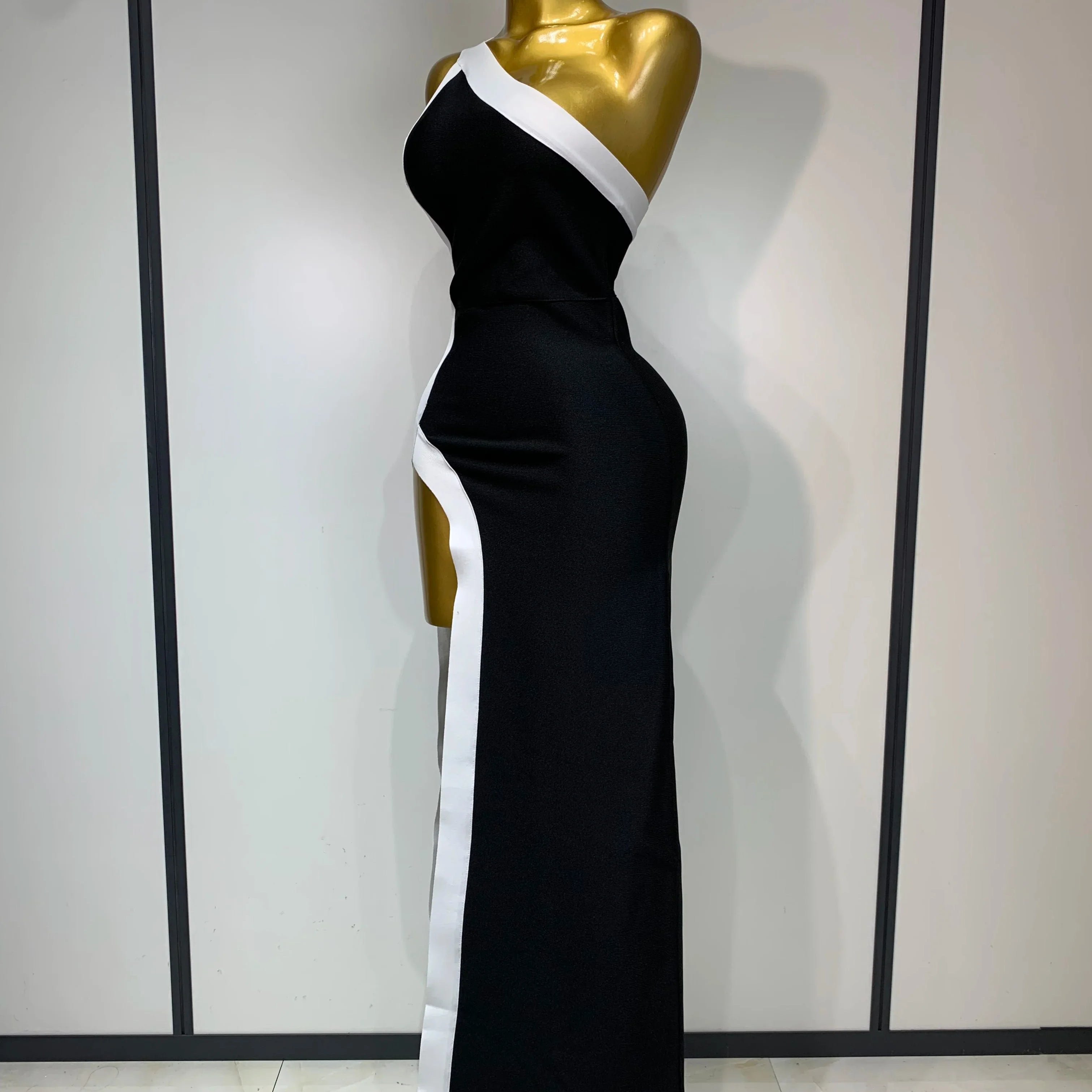 Women Sexy One Shoulder Split Black White Patchwork Bandage Bodycon Dress  Celebrity Elegant Evening Party Birthday Outfit