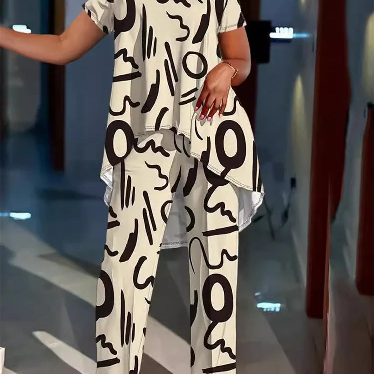 Wmstar Women Plus Size Two Piece Set 5XL Summer Casual Print T Shirt Wide Leg Pants Female Outfits Wholesale Dropshipping 2024