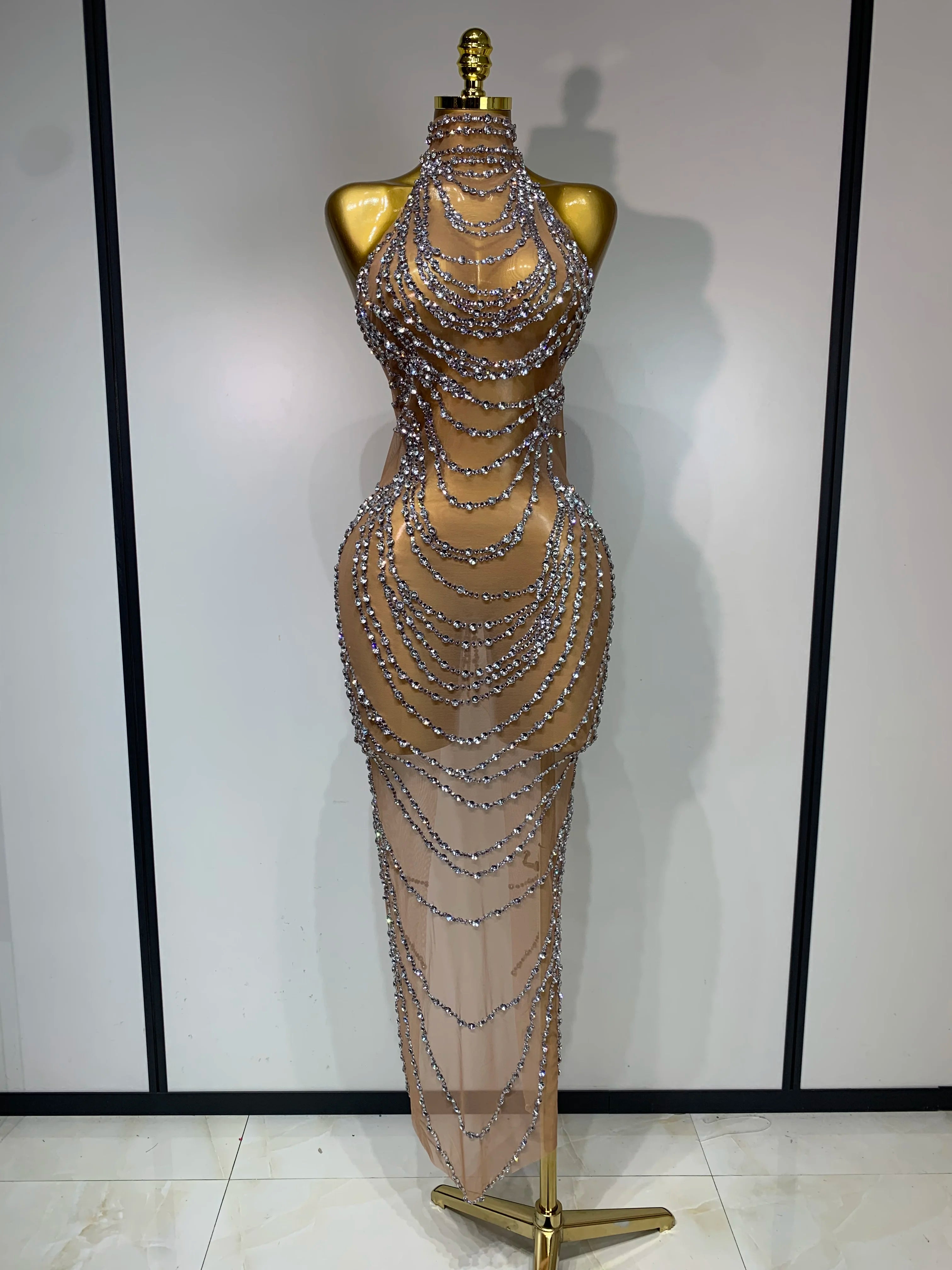 Sparkly Rhinestone Sexy Transparent Mesh Long Dress 2025 Women Luxury Birthday Club Party Gown Stage Singer Performance Costume