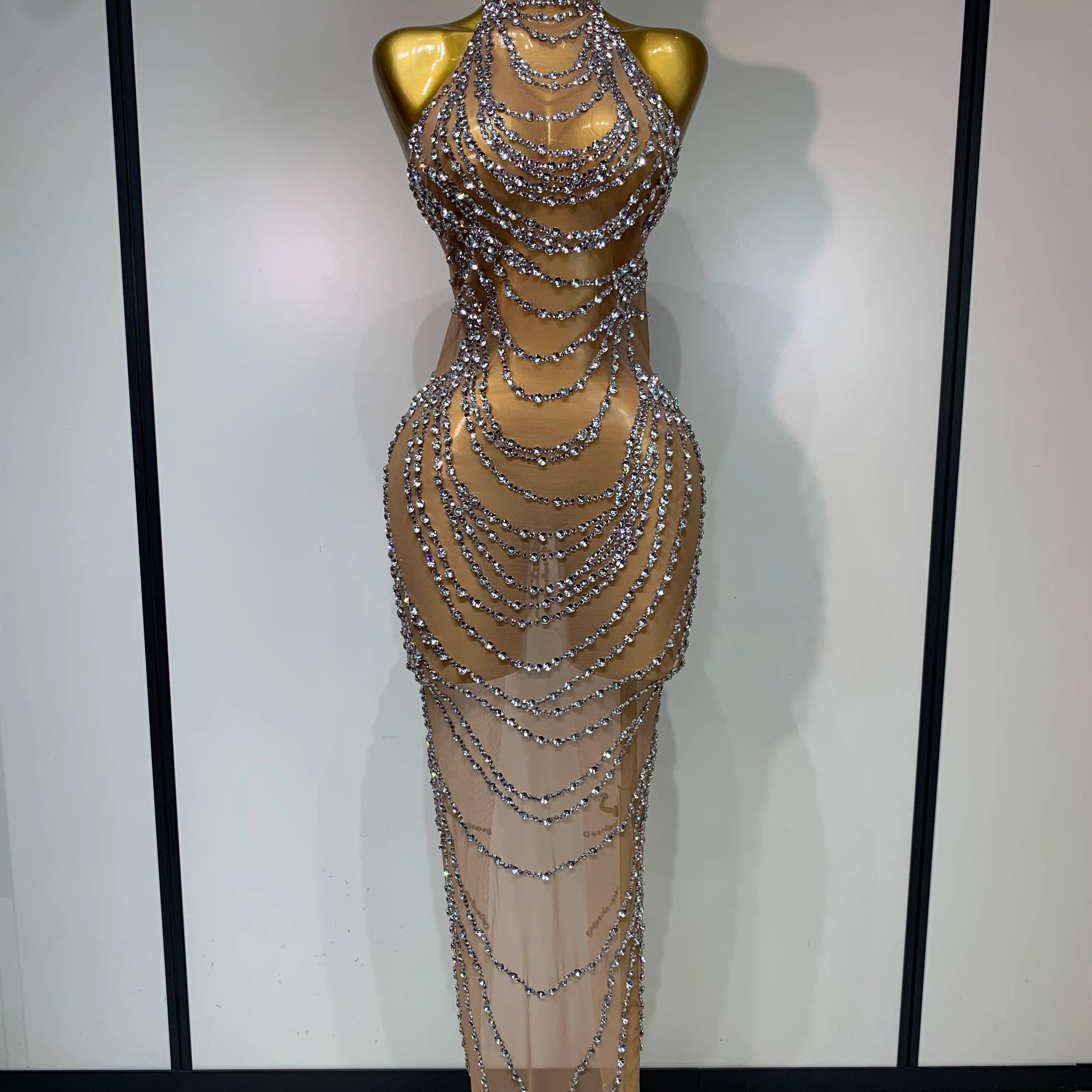 Luxury Rhinestone Sparkly Sexy Transparent Mesh Long Dress 2025 Women Birthday Party Gown Stage Singer Performance Costume