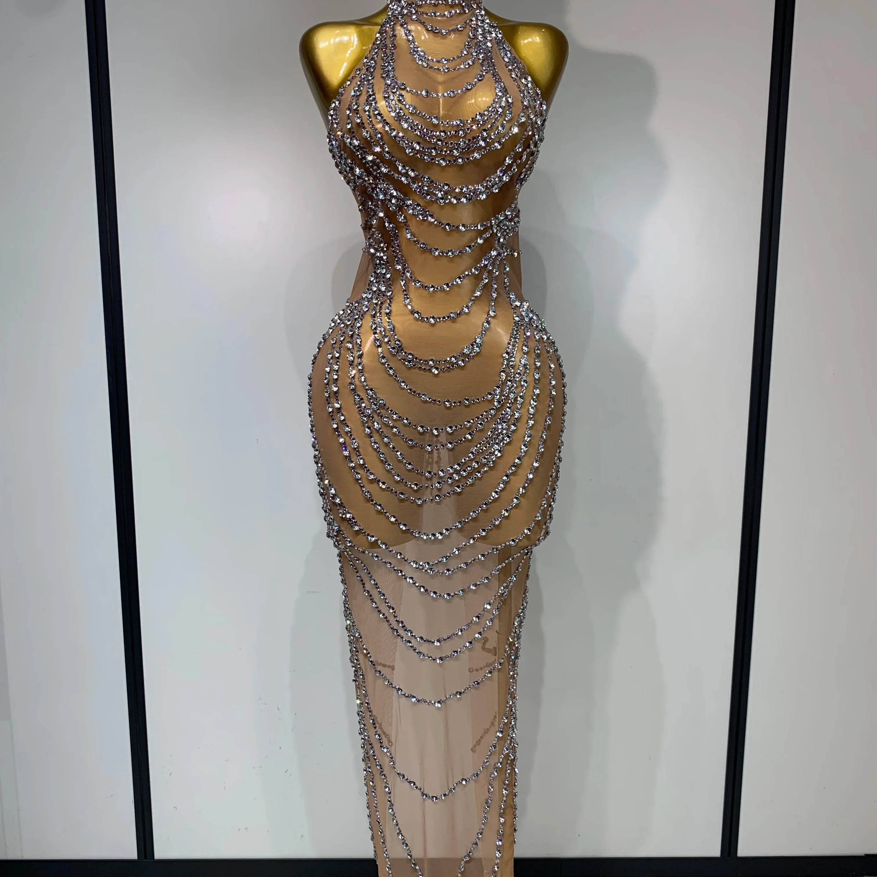 Luxury Rhinestone Sparkly Sexy Transparent Mesh Long Dress  Women Birthday Party Gown Stage Singer Performance Costume