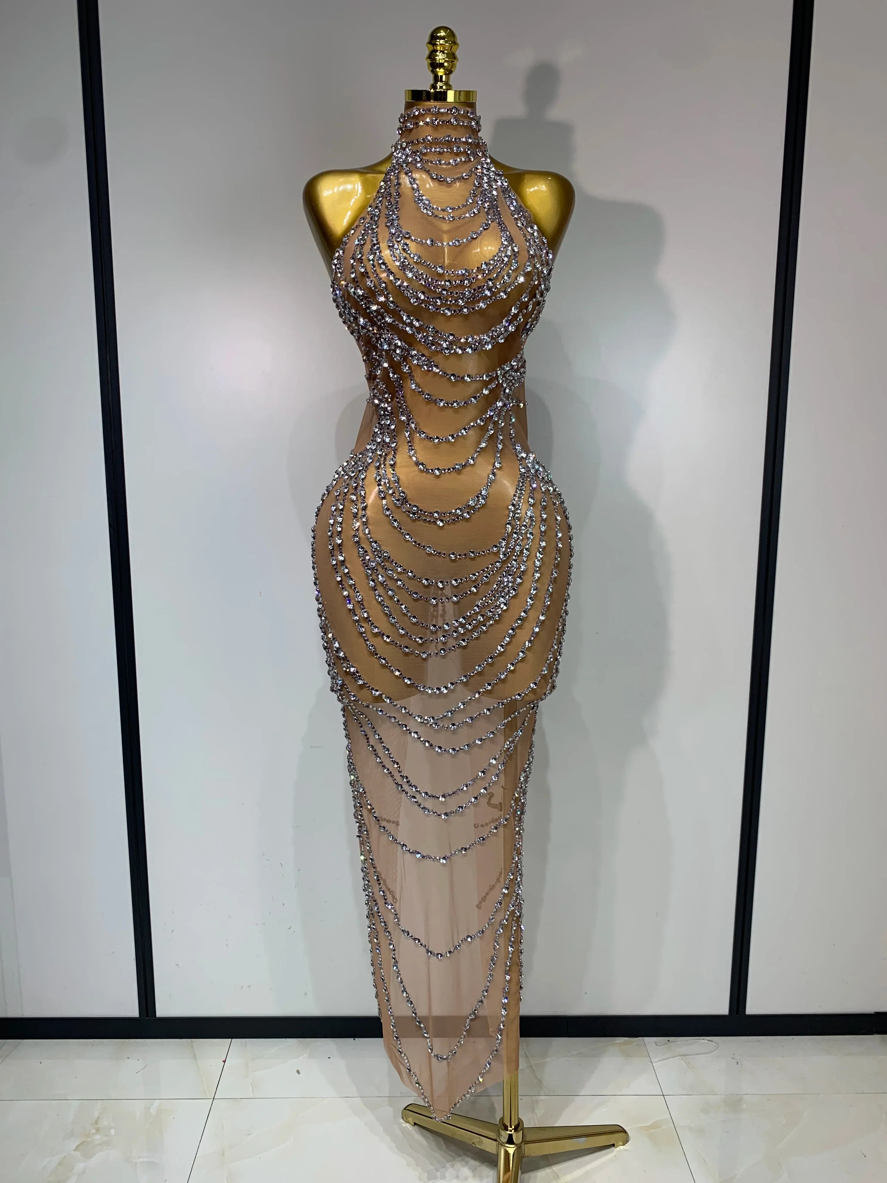 Luxury Rhinestone Sparkly Sexy Transparent Mesh Long Dress  Women Birthday Party Gown Stage Singer Performance Costume