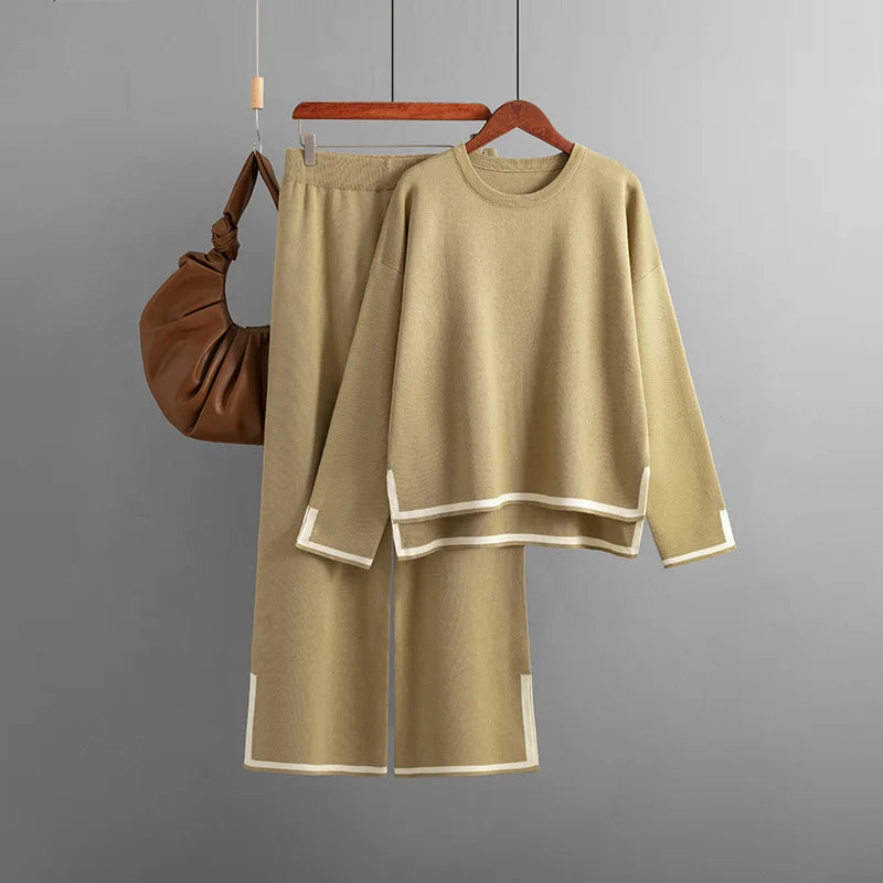 HLBCBG Knitted Women's Trousers Suit Two Piece Set Beige Winter Loose Long Sleeve Knitwear Flare Pants Sets Female Casual Suits
