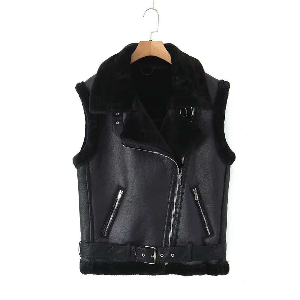 Fashion and Casual Polo Collar Zipper Fur Integrated Vest Coat black