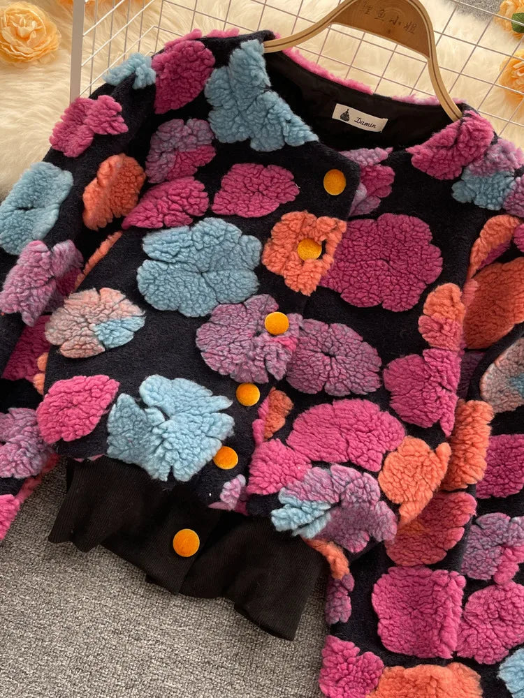 Sweet Long Sleeve Single Breasted Short Jacket Retro Three-dimensional Flower O Neck Clothing Winter 6 Color Coat