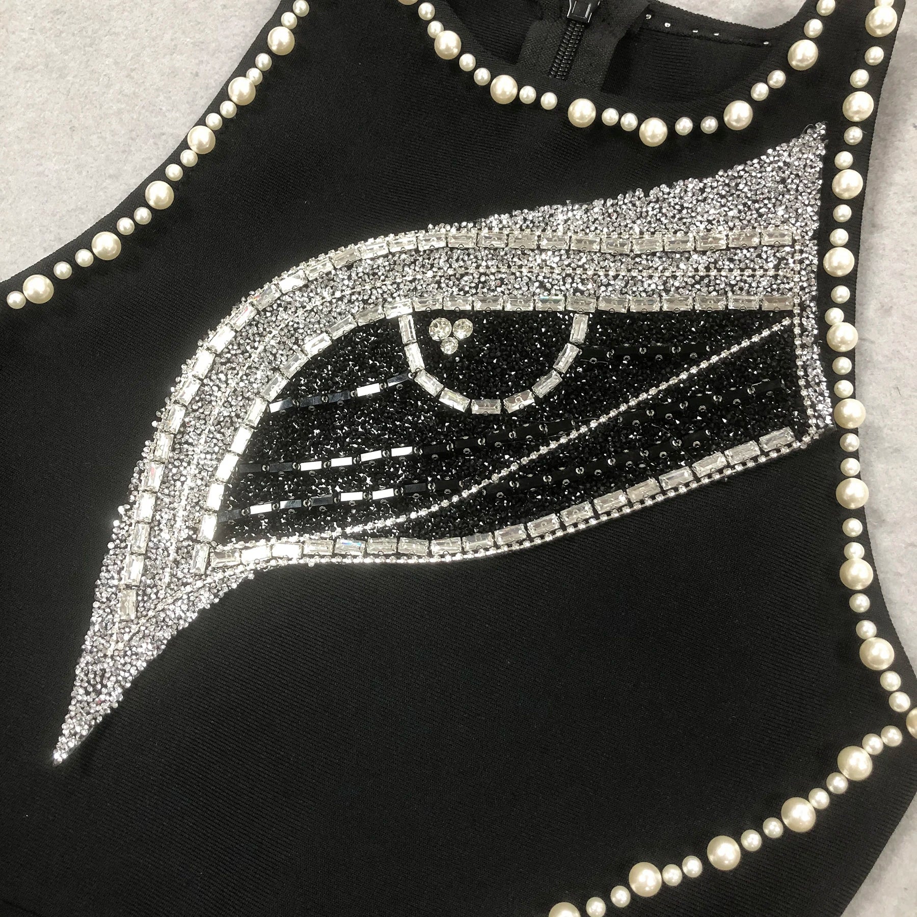 Big Eyes And Red Lips Patterned Diamonds High Slit Black Long Dress Woman Birthday Party Vestido  Celebrity Party Outfit