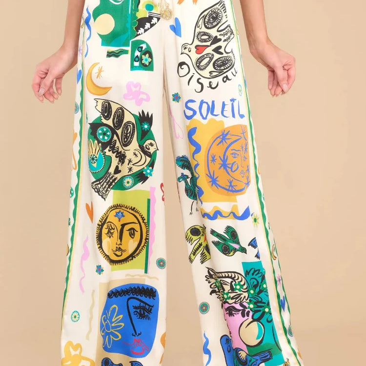 2 Piece Sets Women Outfit Summer New Bohemian Style Printing Half Sleeve Shirt Suits Fashionable Casual Loose Wide Leg Pant Set Colored trousers