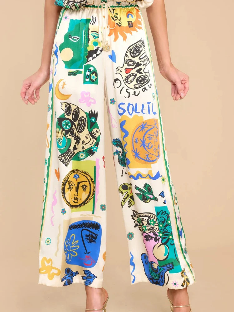 2 Piece Sets Women Outfit Summer New Bohemian Style Printing Half Sleeve Shirt Suits Fashionable Casual Loose Wide Leg Pant Set Colored trousers