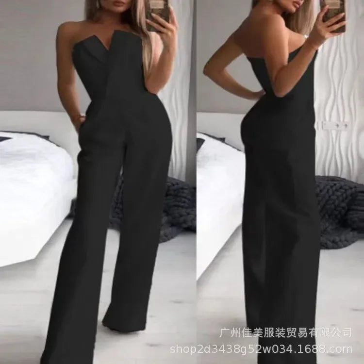 Women's Elegant Jumpsuits Solid Off Shoulder Sexy Club Jumpsuit Female Sleeveless High Waist Slim Wide Leg Jumpsuit Pants Black