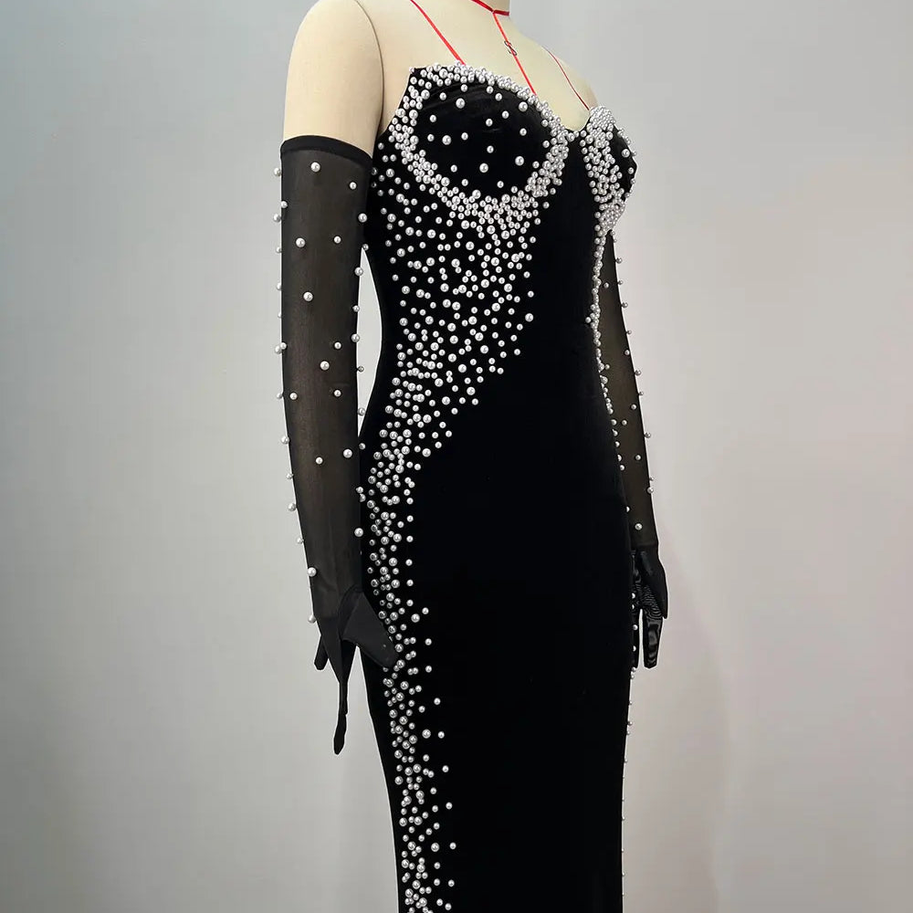 2025 Women Light Luxury Beaded Velvet Dress+Thin Gauntlet Gloves Fashion Bodycon Bareback Sexy Long Dress Evening Party Vestidos