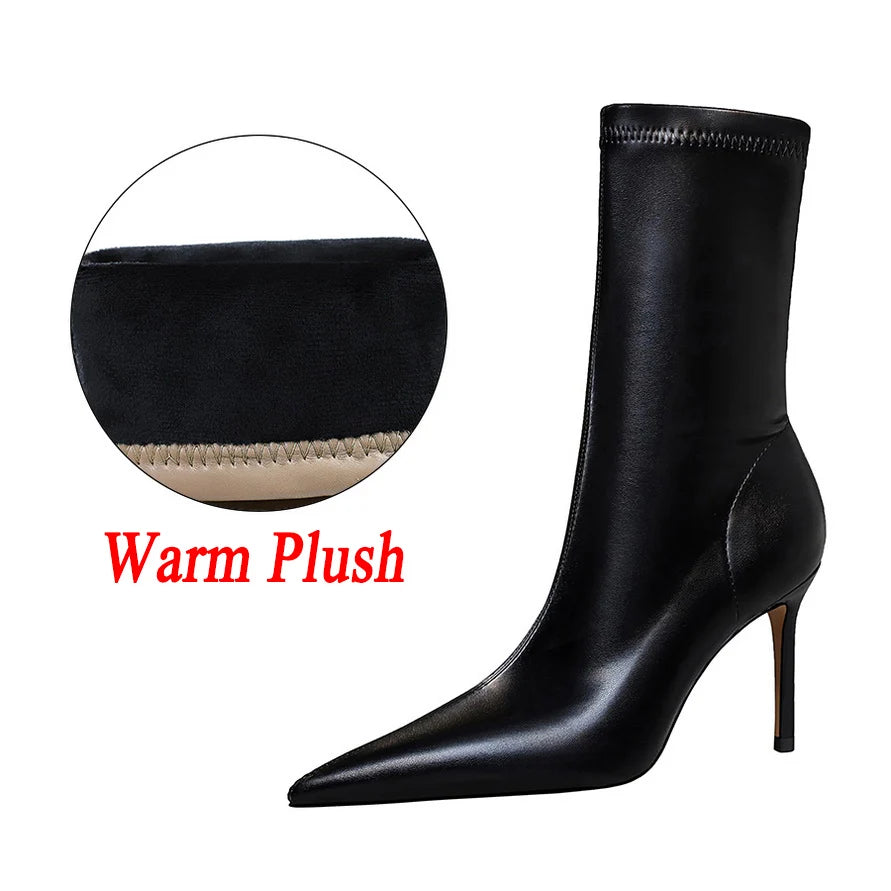 Women Leather 7.5cm 9.5cm High Heels Boots Lady Brown Spring Winter Warm Pointed Toe Boots Fetish Booties Nightclub Party Shoes 7.5cm Black-Warm