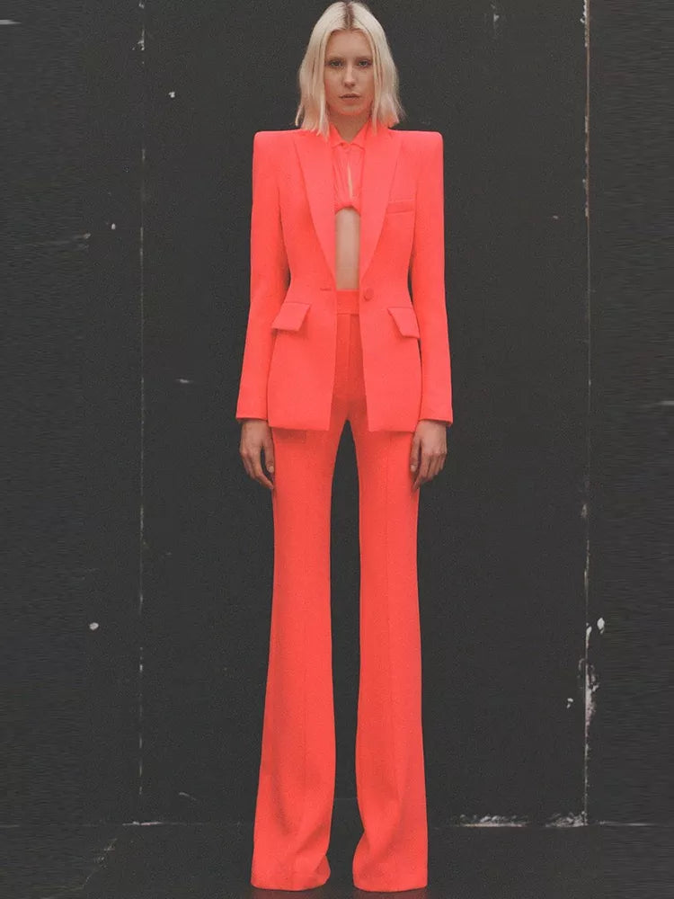 HIGH STREET Newest Spring Designer Career Fashion Suit Set Women's Single Button Slim Fit Blazer Flare Pants Suit Two Pcs