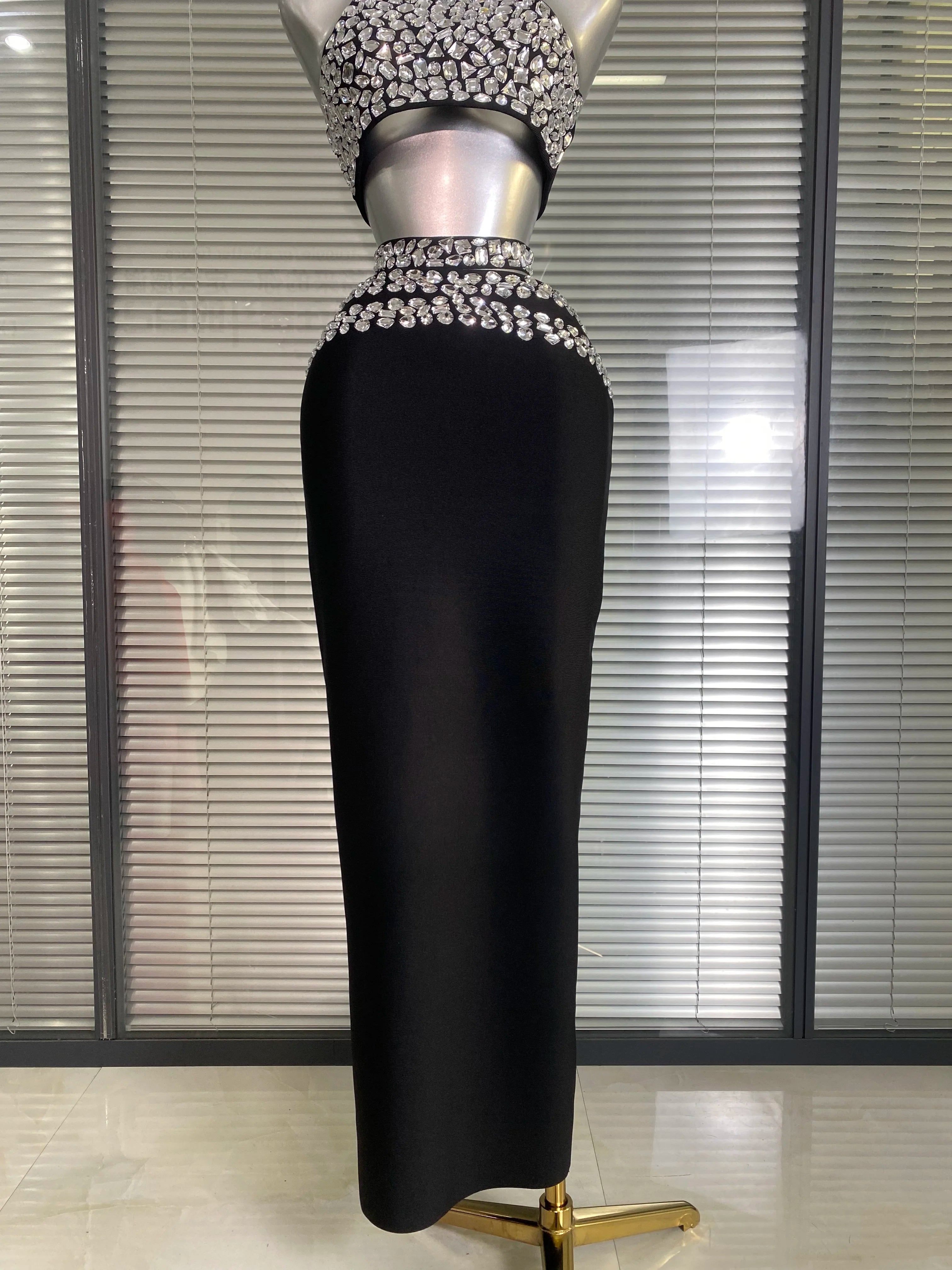 Summer New Women Sexy Sewed Crystal Diamonds Black Long Bandage Two Piece Set Celebrity Evening Party Long Skirt Suits