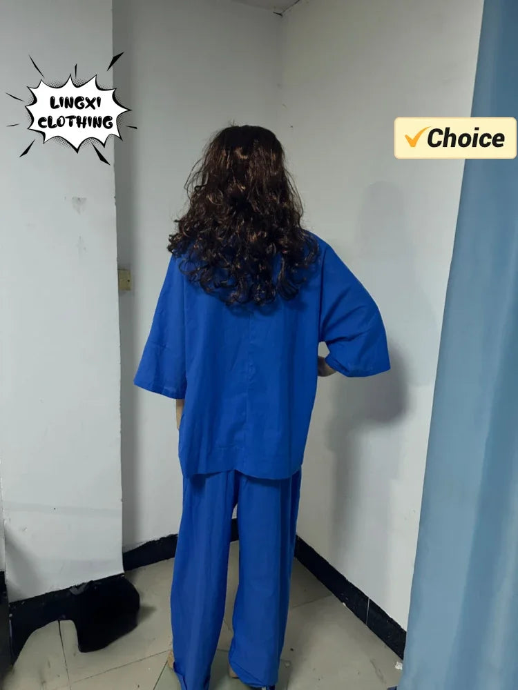 Summer Fashion New Style Matching Series Round Neck Cotton Linen Top High Waist Wide Leg Long Pants Set Plus Size Women's Wear