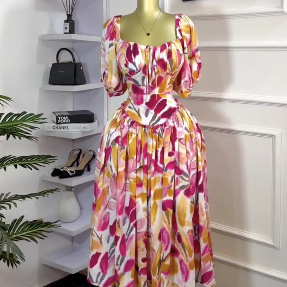 CM.YAYA Women Tulip Foral Printed Lantern Short Sleeve Big Swing High Waist Dress 2025 Chic Birthday Party Vestidos Sexy Dresses