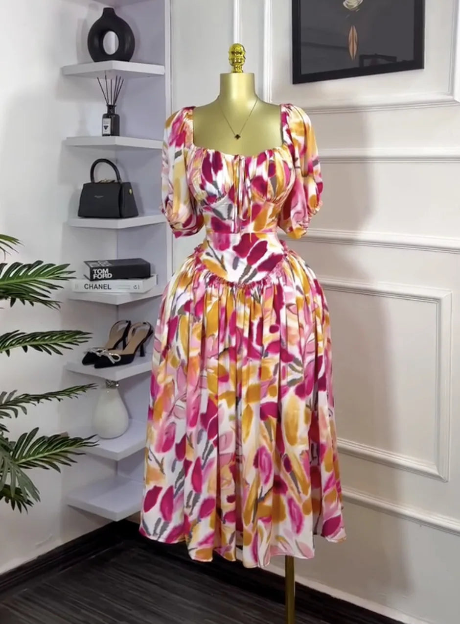 CM.YAYA Women Tulip Foral Printed Lantern Short Sleeve Big Swing High Waist Dress 2025 Chic Birthday Party Vestidos Sexy Dresses