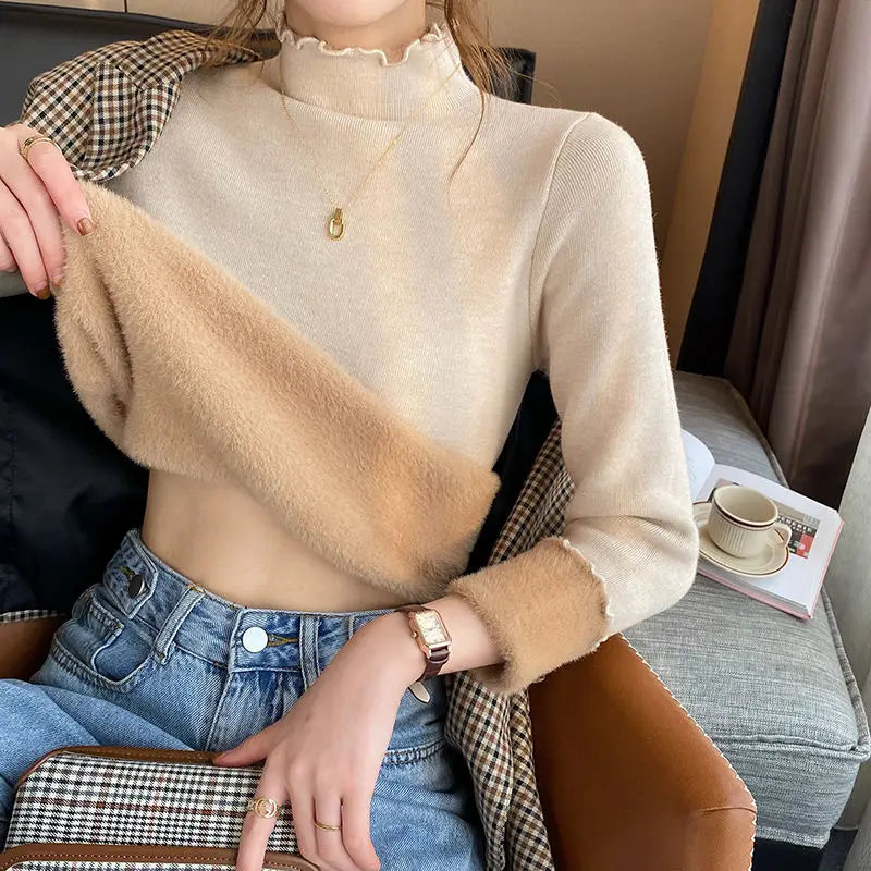Autumn Winter Sweater Women's Velvet Half Turtleneck Bottoming Shirt Inner Plus Velvet Thick Top Thermal Women Clothes oatmeal color