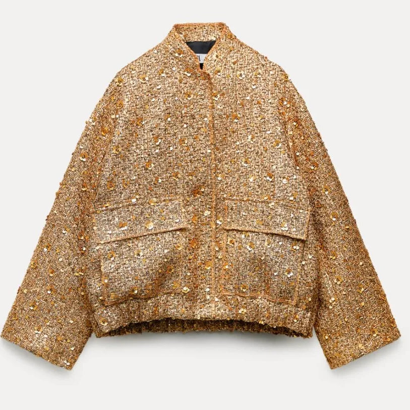 Fashion Gold Sequin O-neck Women Short Jacket Covered Button Long Sleeve Loose Elegant Coat Autumn farty Casual Lady Streetwears gold coat